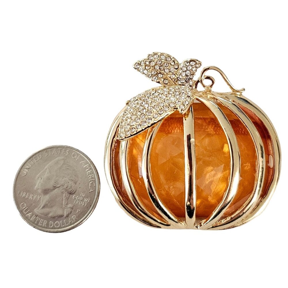 Napier Gold-Tone Caged Orange Resin Pumpkin Rhinestone Leaf Brooch Signed, L98 - Picture 7 of 8